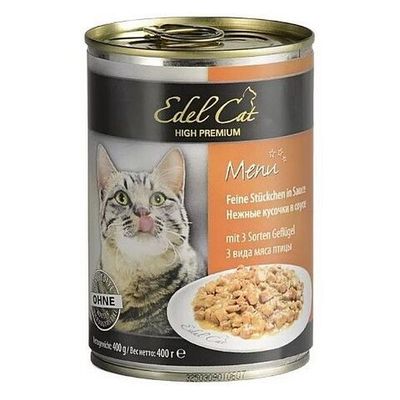 Влажный корм Edel Cat для кошек, Нежные кусочки 3 вида мяса птицы в соусе, Банка 400 г