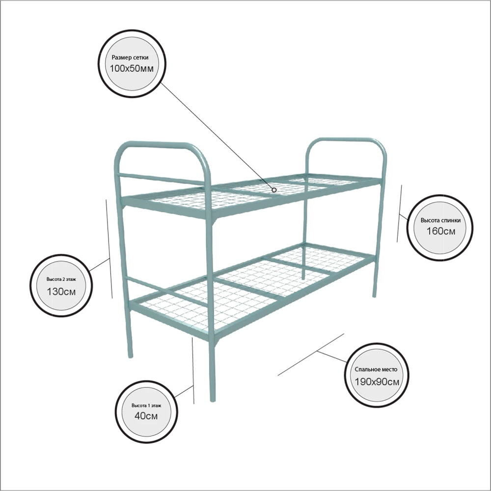 Кровать металлическая двухъярусная "Бюджет + 2", 90х190 см, сетка 100х50, 2 перемычки