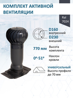 Комплект активной вентиляции: Вентиляционный выход изолированный Vilpe D160/225 утепленный высота H=500 мм, проходной элемент универсальный кровельный (Universal), турбодефлектор Ø 230 мм, серый графит