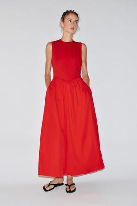 ZARA КОМБИНИРОВАННОЕ ПЛАТЬЕ МИДИ, КРАСНЫЙ