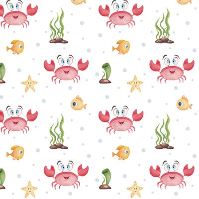 Подводный мир с милыми крабиками, рыбами и морскими звездами