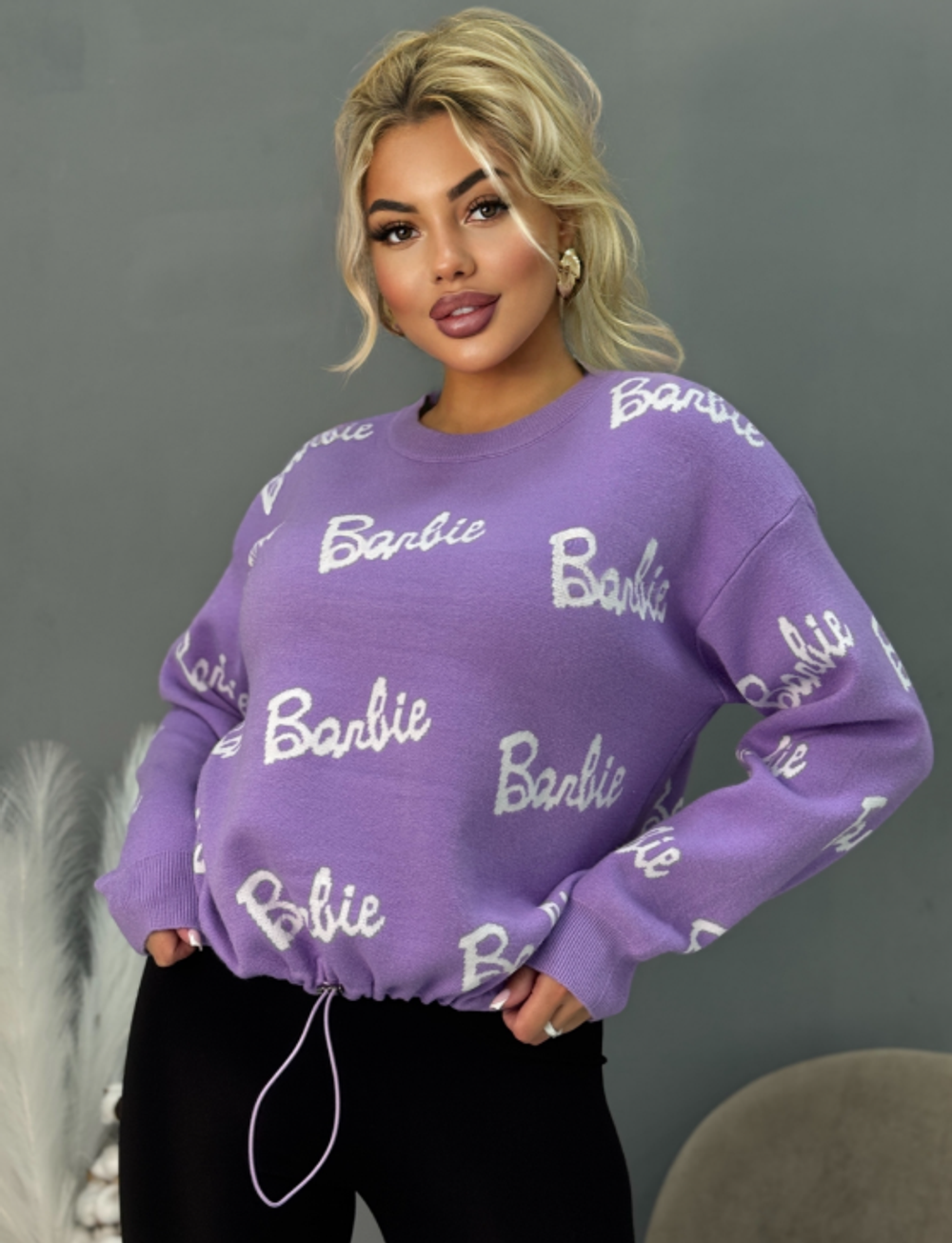 Оптом Кофта теплая фиолетовая Барби размерный ряд 42-50 оверсайз