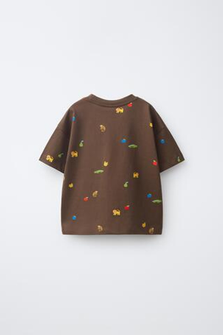 ZARA ФУТБОЛКА С ПРИНТОМ, ШОКОЛАДНЫЙ