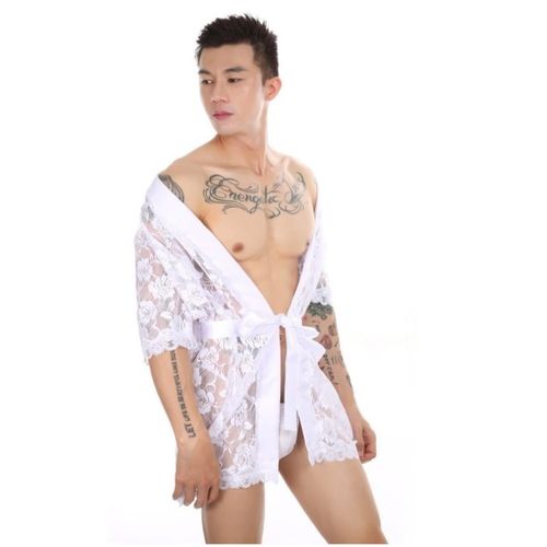 Мужской халат кружевной белый Romeo Rossi 9093-1