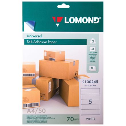 Бумага самоклеящаяся А4, 50л, Lomond, на листе 5 этикеток 210*57мм, белая