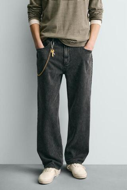 ZARA БРЮКИ STRAIGHT FIT ЖАККАРД, ТЕМНО-СЕРЫЙ