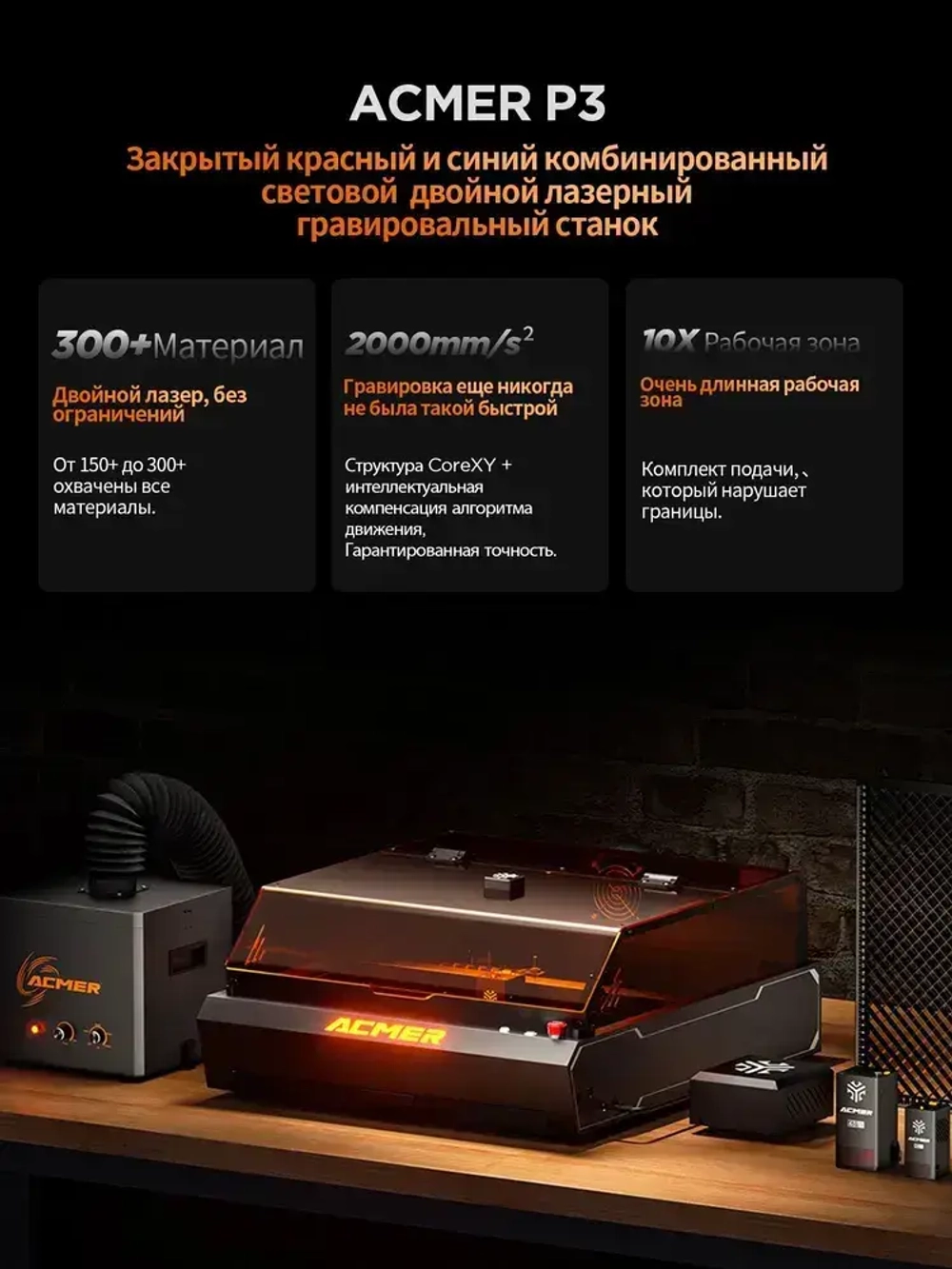 ACMER P3 48Вт лазерный гравер композитный свет диода закрыл двойную лазерную машину CNC высокоскоростной резки 400X4000mm