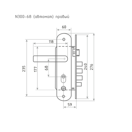 Замок врезной Нора-М, 300 - 68 мм, автомат, правый, матовый хром/черный никель