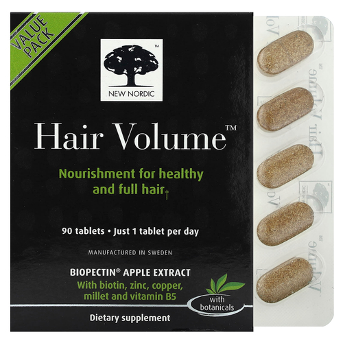 New Nordic, Hair Volume, средство для роста и объема волос, с экстрактом биопектина яблока, 90 таблеток