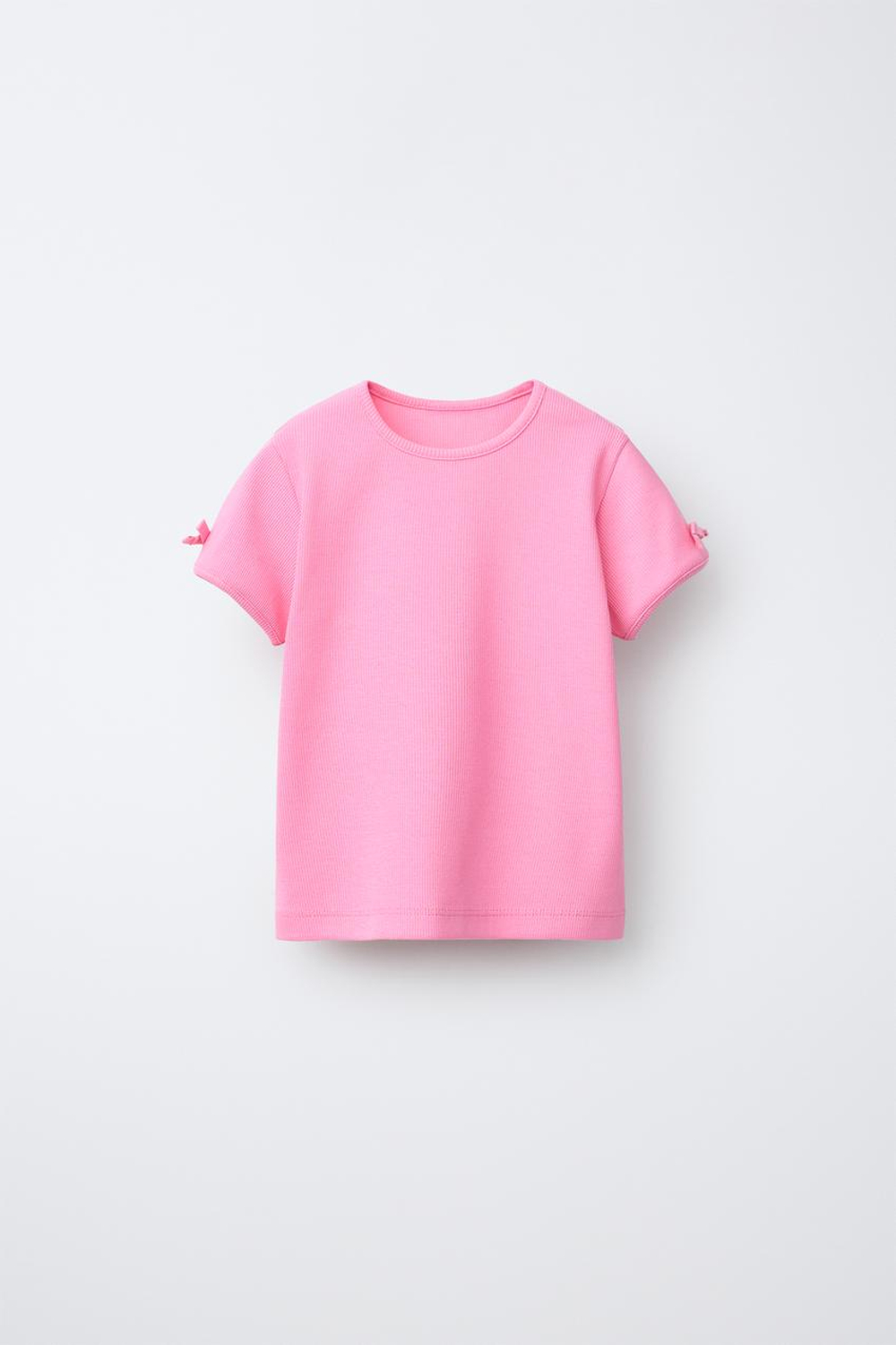 ZARA ФУТБОЛКА В РУБЧИК С БАНТАМИ, РОЗОВЫЙ