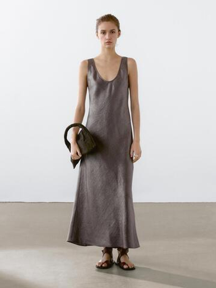 Massimo Dutti Платье миди из смесового льна, серебряный