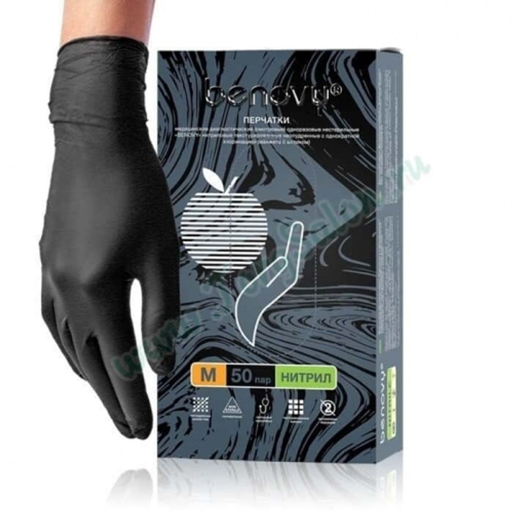 Нитриловые перчатки текстурированные на пальцах, неопудренные, черные, Benovy, 100 шт./уп.