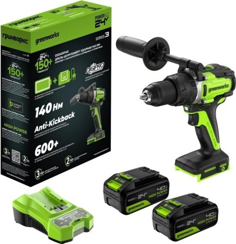 Дрель-шуруповерт аккумуляторная GREENWORKS GD24DD140 ударная, 24V, 2 АКБ 4Ач и ЗУ 3707607CUD