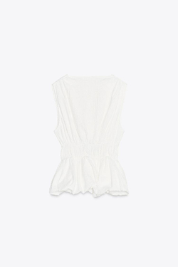 ZARA ТОП ИЗ РЕЛЬЕФНОЙ ТКАНИ С БАНТОМ, БЕЛЫЙ