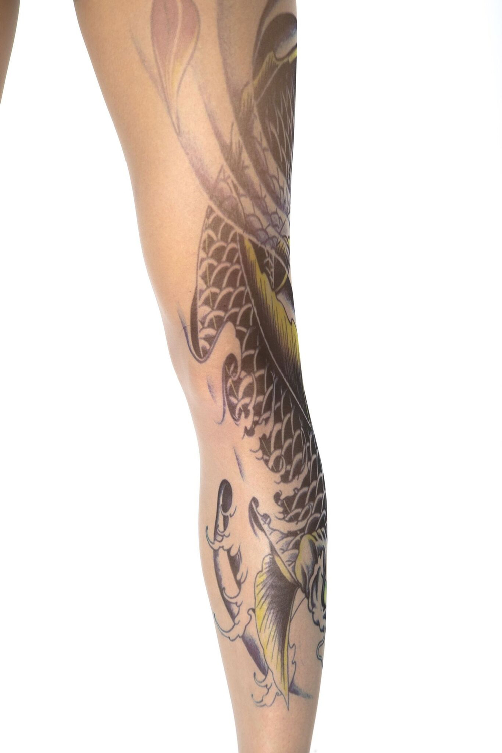 Колготки с принтом в виде черного карпа кои на левой ножке (Размер: S-M-L) (Цвет: бежевый)