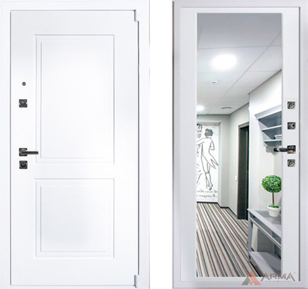 Входная белая металлическая дверь с зеркалом Нео Вайт 03 Софт белый без текстуры (фурнитура ХРОМ блестящий)