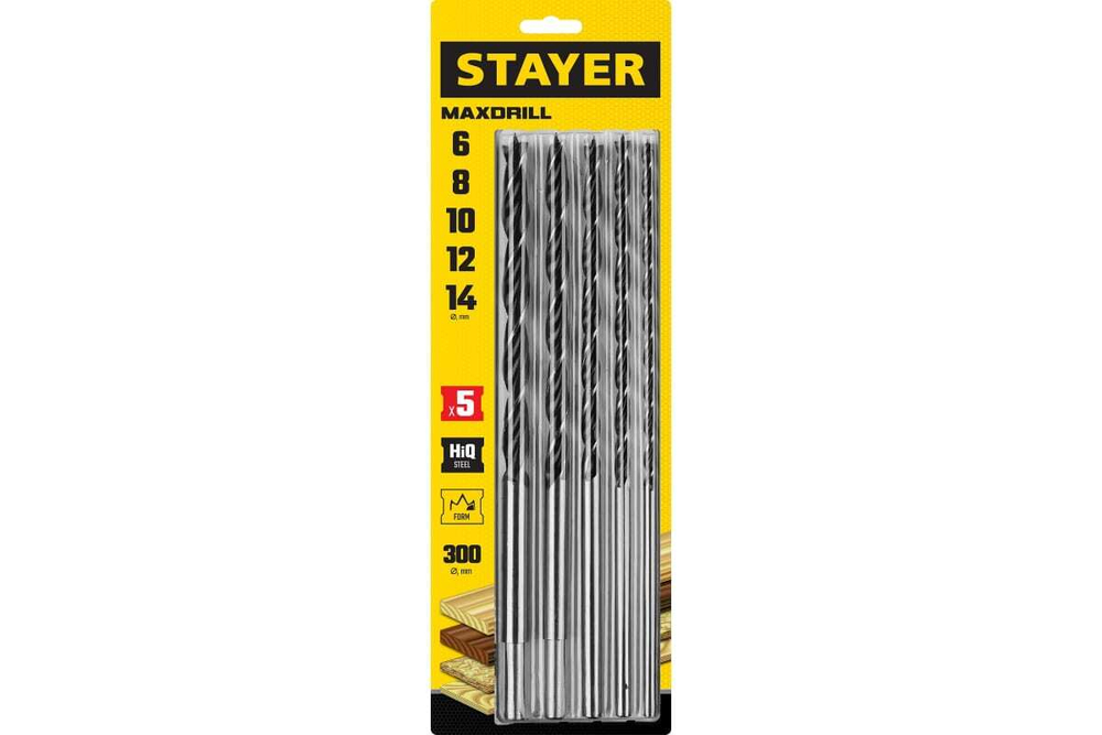 Набор сверл спиральных по дереву STAYER Maxdrill (5 шт; 6-8-10-12-14x300 мм) 2943-300-H5_z01