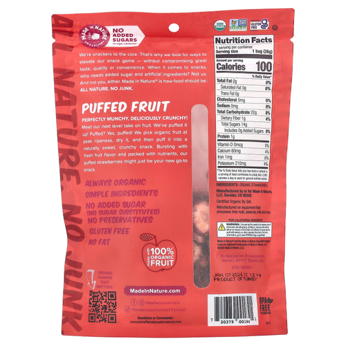 Made in Nature, Воздушные фрукты, клубника, 25,5 г (0,9 унции)