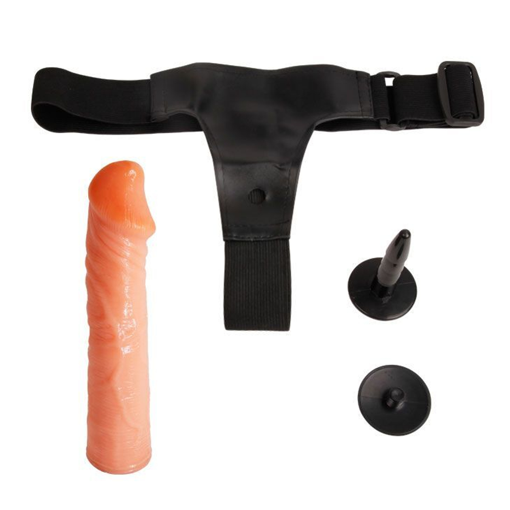 Телесный фаллос на трусиках регулирующегося размера - 19 см. (Цвет: телесный с черным)
