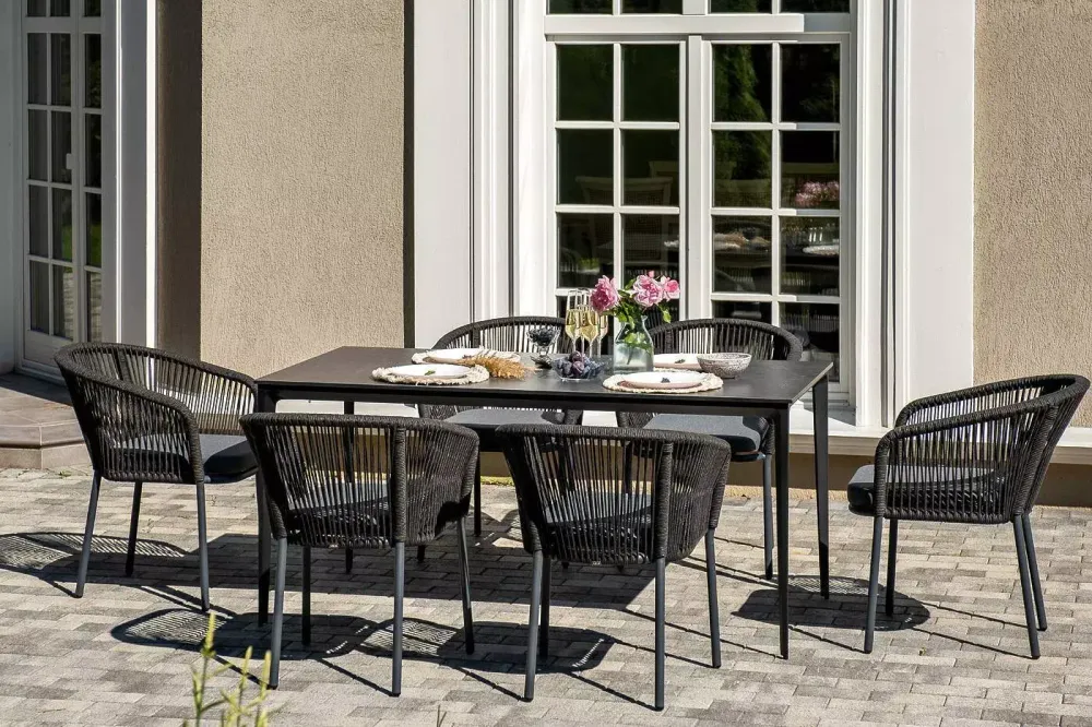 "Малага" обеденная группа на 6 персон со стульями "Марсель", каркас темно-серый, роуп темно-серый