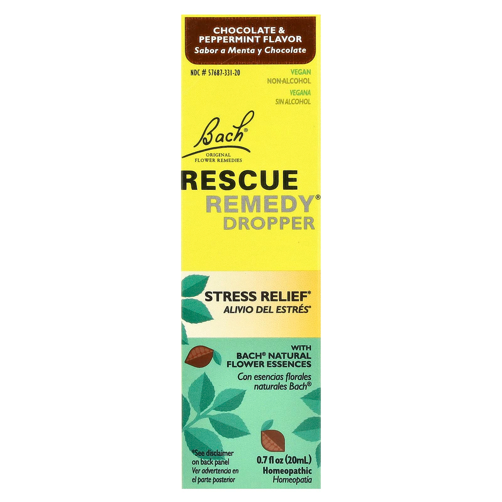 Bach, RESCUE Remedy®, капельница, для снятия стресса, шоколад и перечная мята, 20 мл (0,7 жидк. Унции)