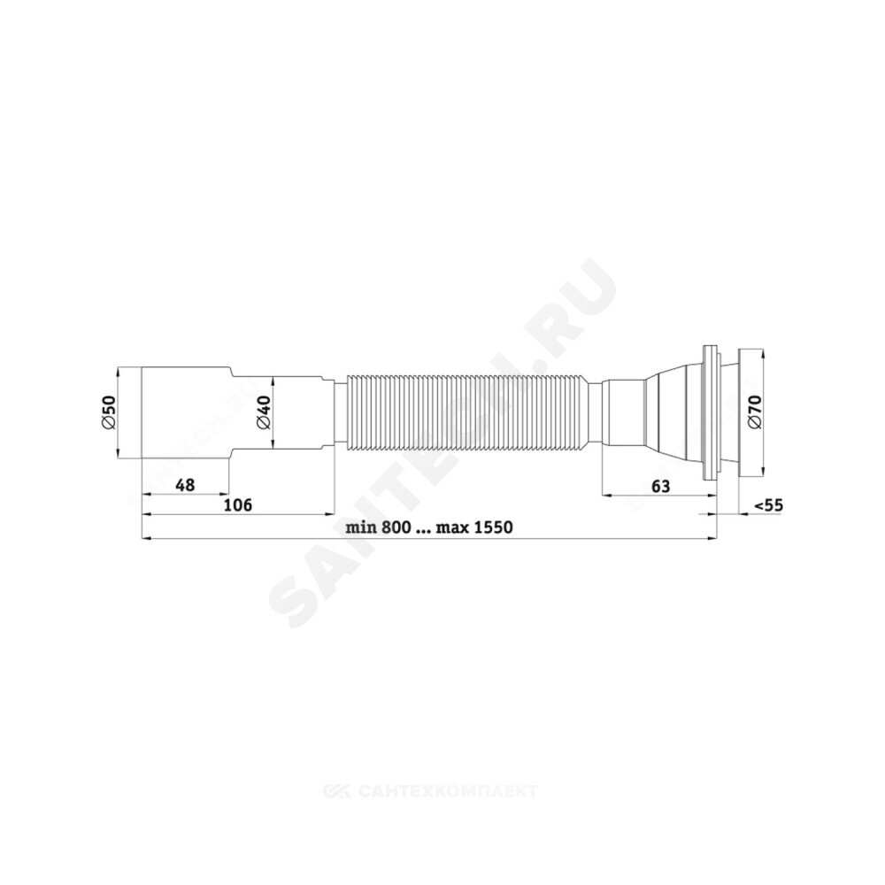 Сифон для умывальника/мойки гофрированный 1 1/2"x40/50 удлиненный выпуск с нержавеющей решёткой D=70мм АНИ Пласт G716