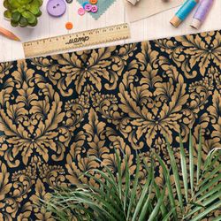 Ткань габардин бронзовый симметричный узор на чёрном фоне