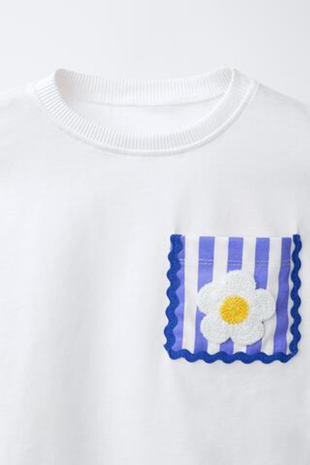 ZARA ФУТБОЛКА С ВИШНЕВЫМ КАРМАНОМ ИЗ КРУЖЕВА КРОШЕ, БЕЛЫЙ