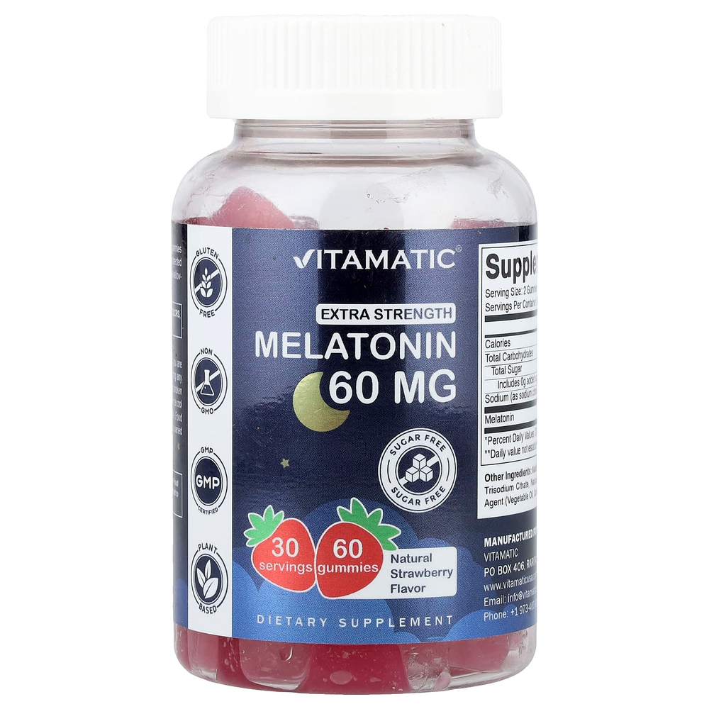 Vitamatic, мелатонин, жевательные таблетки, с натуральным вкусом клубники, без сахара, 60 мг, 60 жевательных таблеток