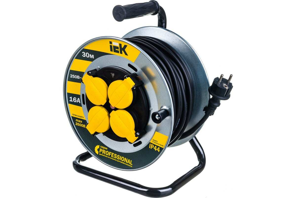 Удлинитель силовой на катушке металл. с термозащитой 4 места 3500Вт 30м КГ 3х1,5мм2 IP44 PROFESSIONAL IEK