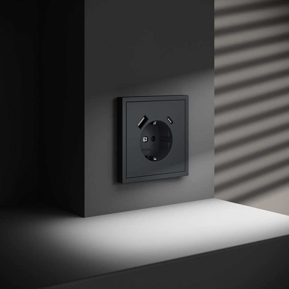 Розетка встраиваемая VOLTUM S70 с заземлением и защитными шторками, 16А, с USB, A+С, (графит)