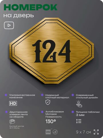 Номерок на дверь квартиры 124, для кабинета, офиса, шильдик 9 х 7 см, золотистый, Айдентика Технолоджи