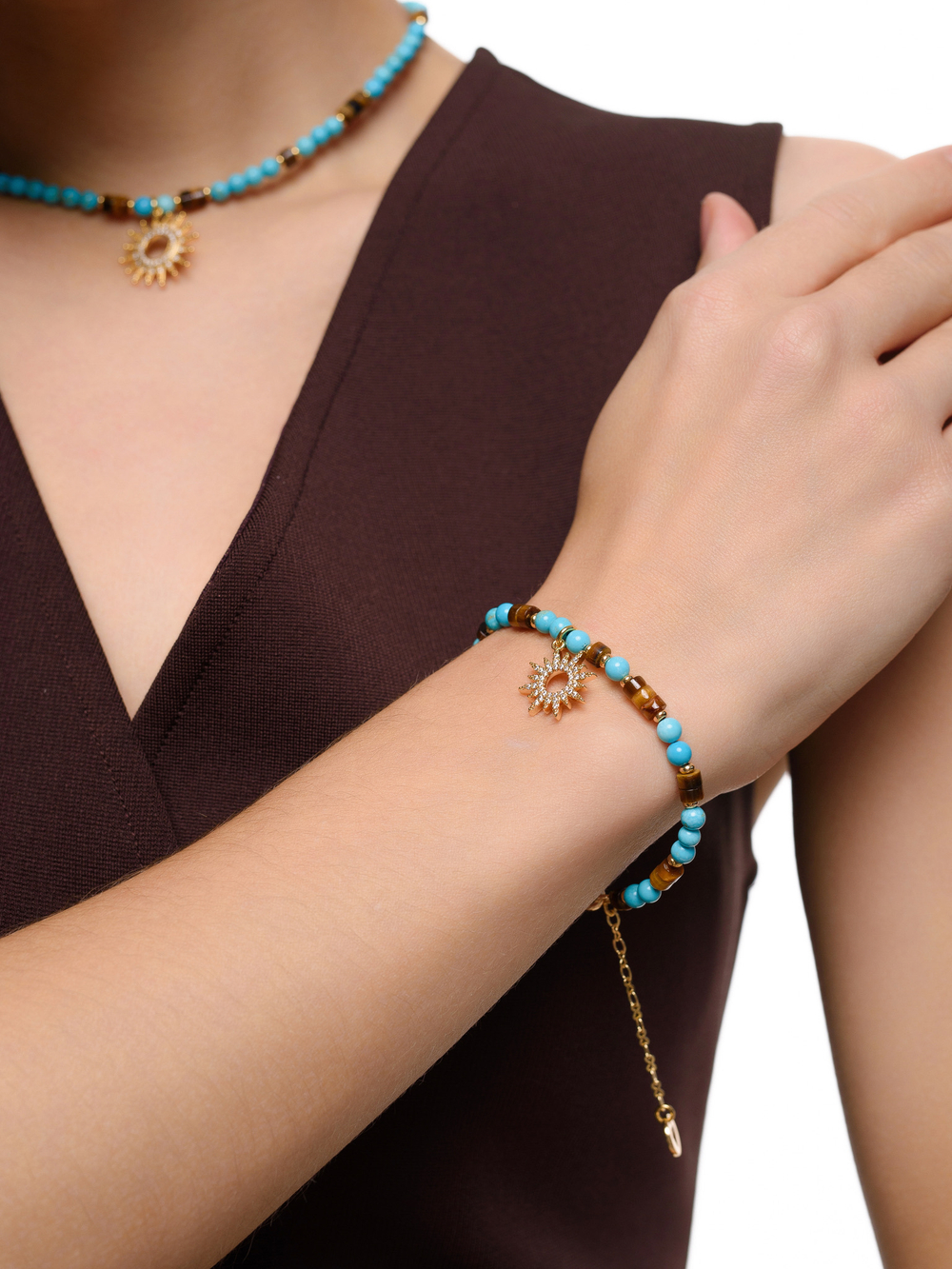 Браслет "Sun" с турквенитом и тигровым глазом Gold