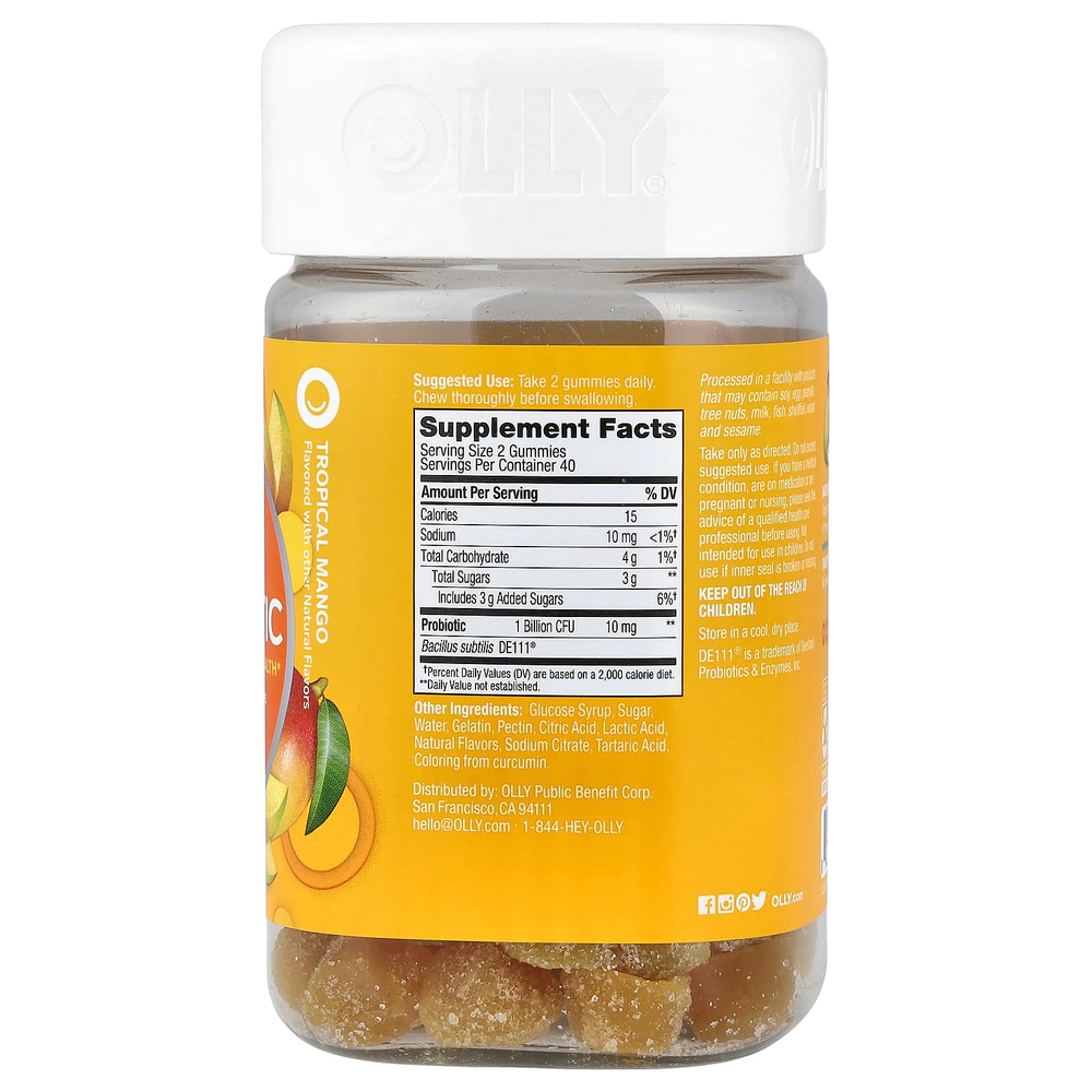 OLLY, жевательные таблетки с пробиотиками, со вкусом тропического манго, 80 жевательных таблеток