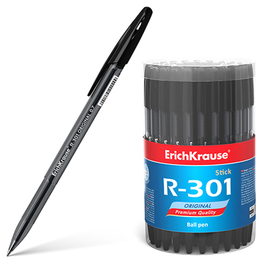 Ручка шариковая "Erich Krause" R-301 Original Stick черная 0,7мм, толщина письма 0,35мм, шестигранная, рифленый держатель, прозрачный корпус