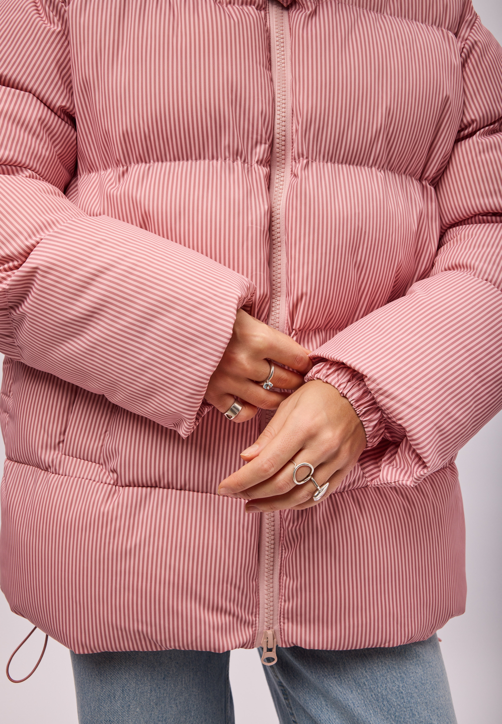 Пуховик Рокет миди розовый в полоску