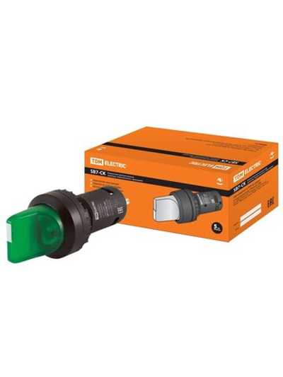 Переключатель на 2 положения с фиксацией SB7-CK2361-24V короткая ручка(LED) d22мм 1з зеленый TDM