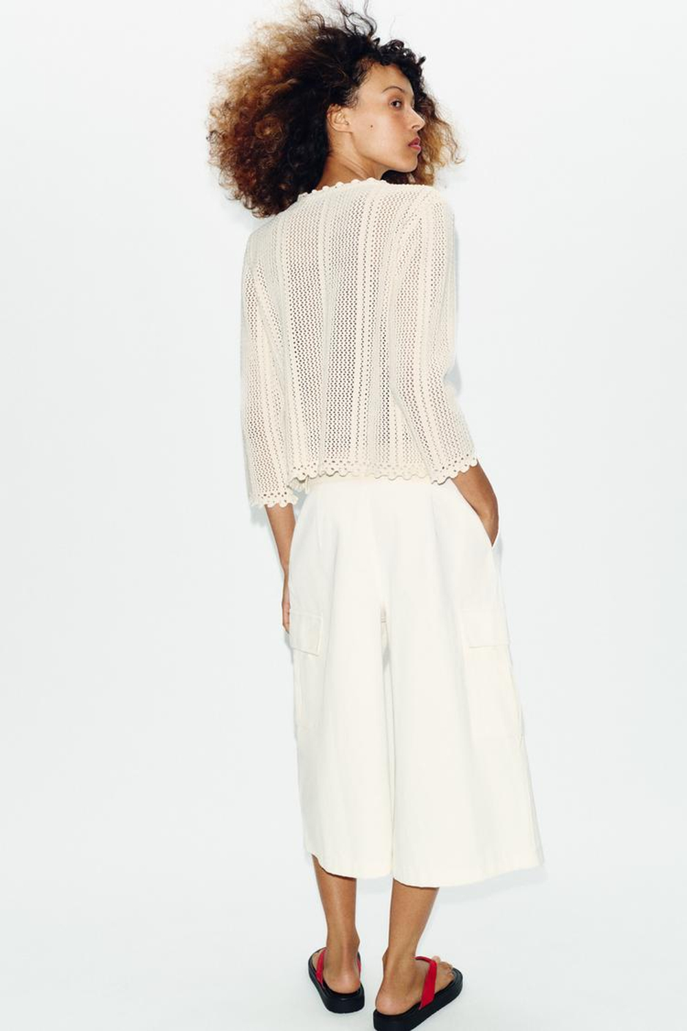 ZARA ВЯЗАНЫЙ КАРДИГАН С УЗОРОМ POINTELLE, ЭКРЮ