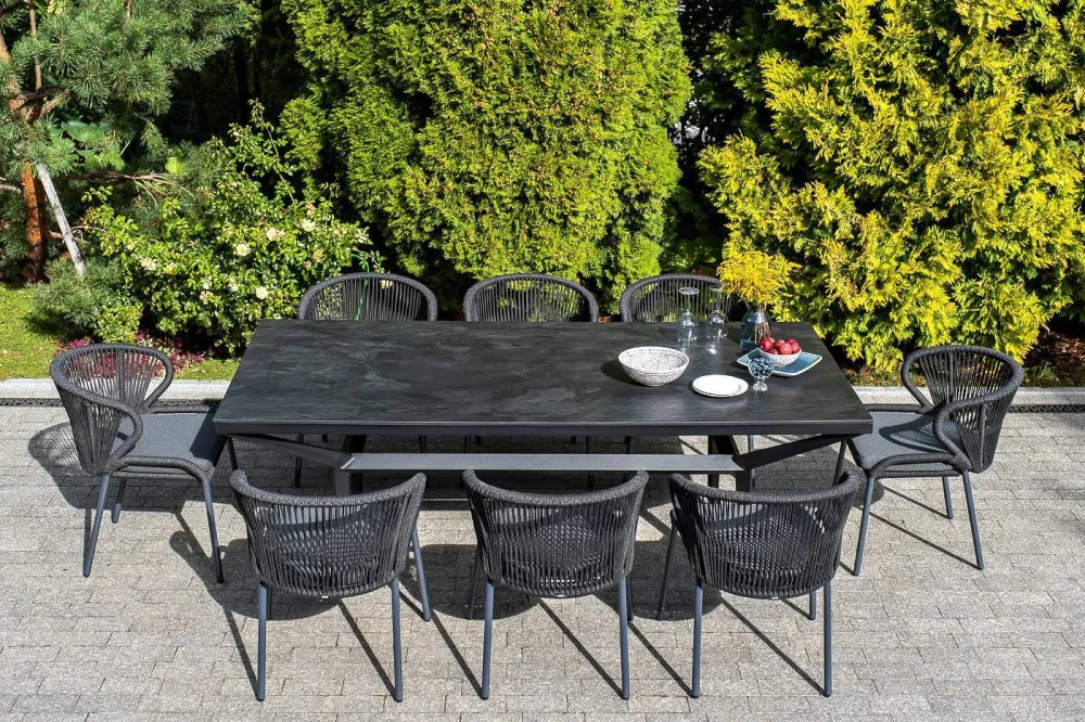 "Милан" стул плетеный из роупа, каркас алюминий темно-серый (RAL7024) муар, роуп темно-серый круглый, ткань темно-серая 027