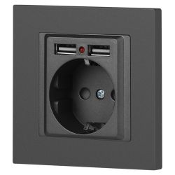 Розетка Intro Accent 6-410-07 с заземлением 2P+E Schuko со шторками 16А-250В + 2хUSB IP20 СУ графит | Intro
