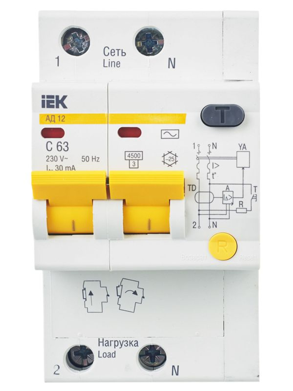 Выключатель автоматический дифференциального тока 2п C 63А 30мА тип AC 4.5кА АД-12 KARAT IEK MAD10-2-063-C-030