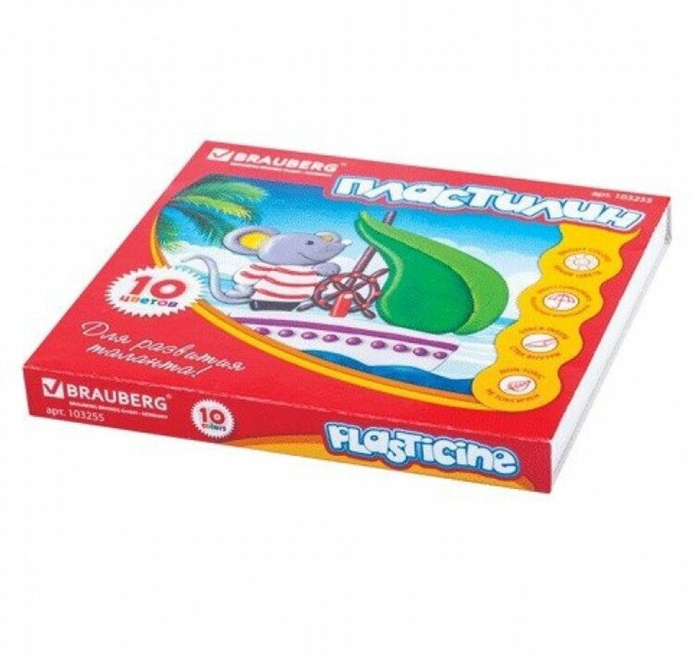 Пластилин классический BRAUBERG "АКАДЕМИЯ", 10 цветов, 200 г, со стеком, картонная упаковка, 103255