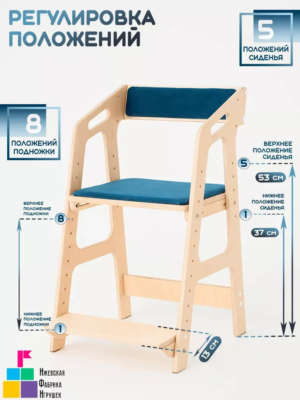 Растущий стул с мягкими подушечками синий