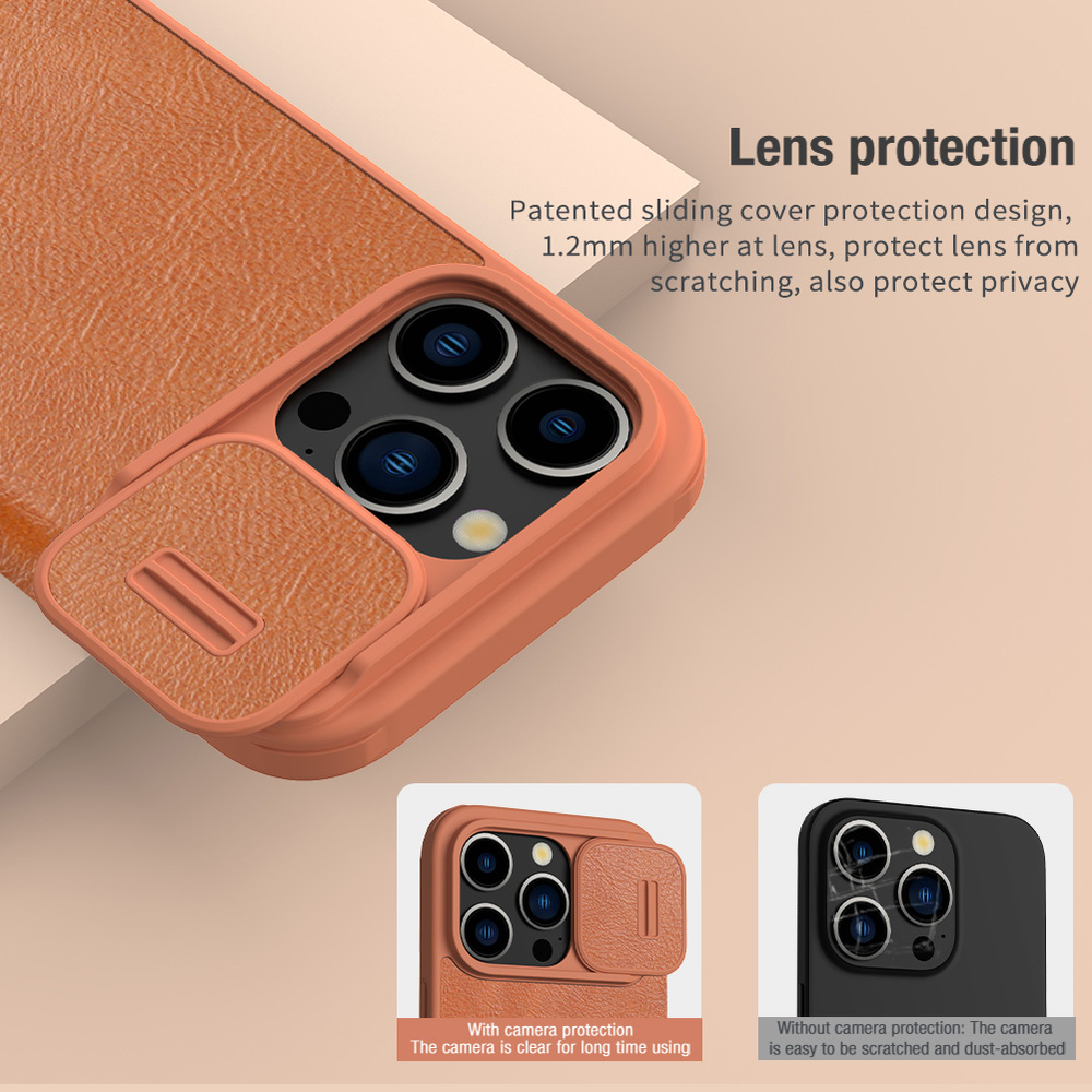 Кожаный чехол книжка коричневого цвета от Nillkin для iPhone 15 Pro, серия Qin Pro Leather с защитной шторкой для камеры