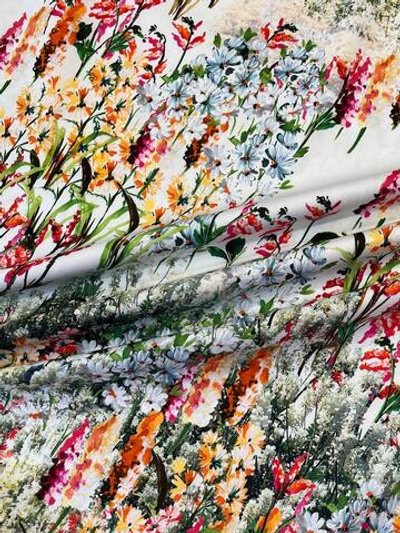 Хлопок с эластаном белый с цветочным принтом