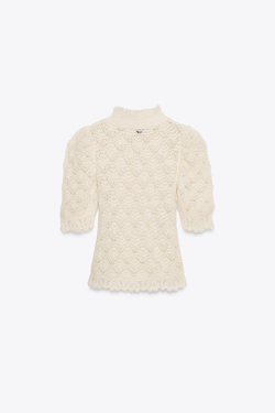 ZARA ТРИКОТАЖНЫЙ ДЖЕМПЕР В РОМАНТИЧНОМ СТИЛЕ В РУБЧИК, ЭКРЮ