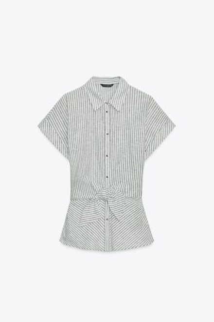 ZARA РУБАШКА В ПОЛОСКУ С УЗЛОМ ИЗ ЛЬНА, ЗЕЛЕНЫЙ/ЭКРЮ