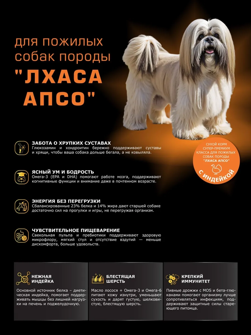 Корм для Лхаса апсо старше 7 лет, с индейкой, 12 кг