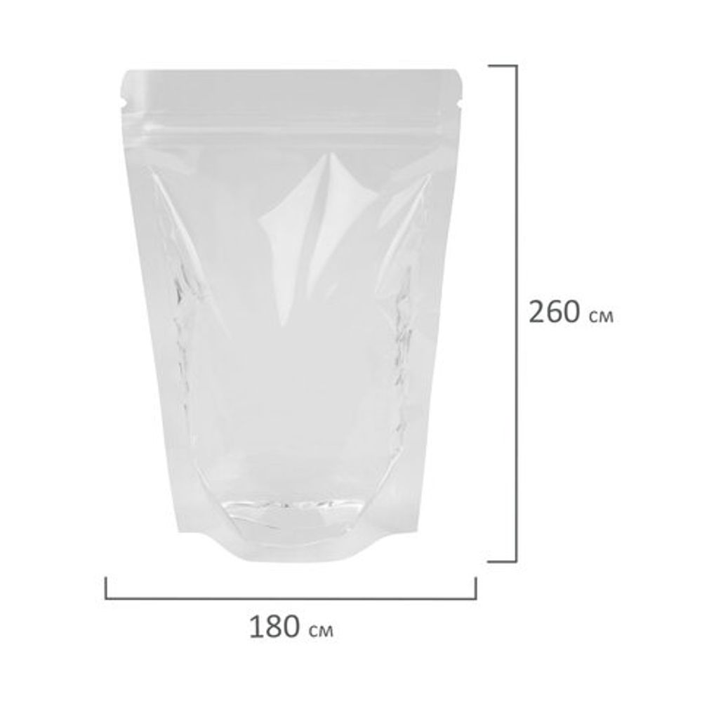Пакеты дой-пак с замком ZIP LOCK, прозрачные, 180х260 + 40 мм, КОМПЛЕКТ 100 штук, 70 мкм, BRAUBERG, 700699
