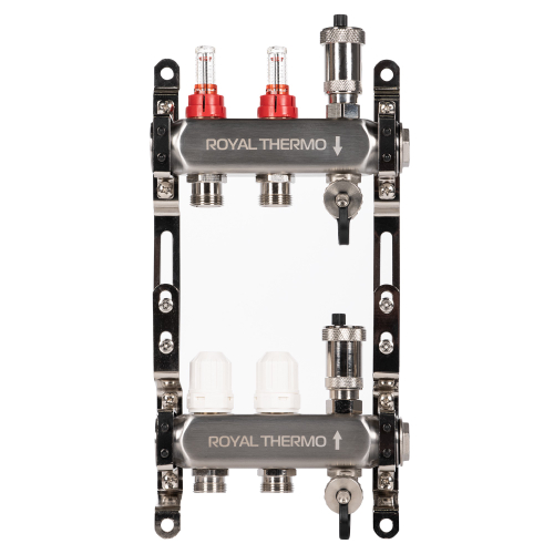 Коллектор Royal Thermo нерж. в сборе с расходомерами 1" ВР-3/4" НР с автомат. воздухоотвод-ми 2 вых.